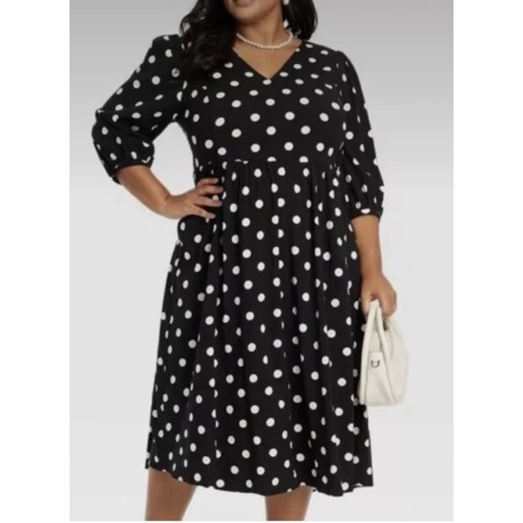 NWOT Ava & Viv Women's 2X Black White Polka Dot V Neck Midi Dress Pockets Plus - Picture 1 of 10